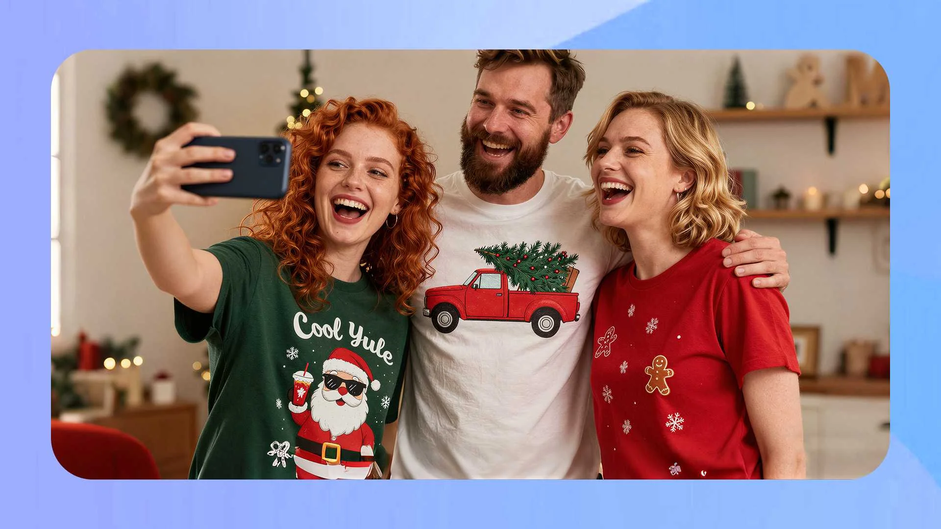 A group of people celebrating in seasonal holiday t-shirts, representing event-based apparel and Christmas clothing trends.