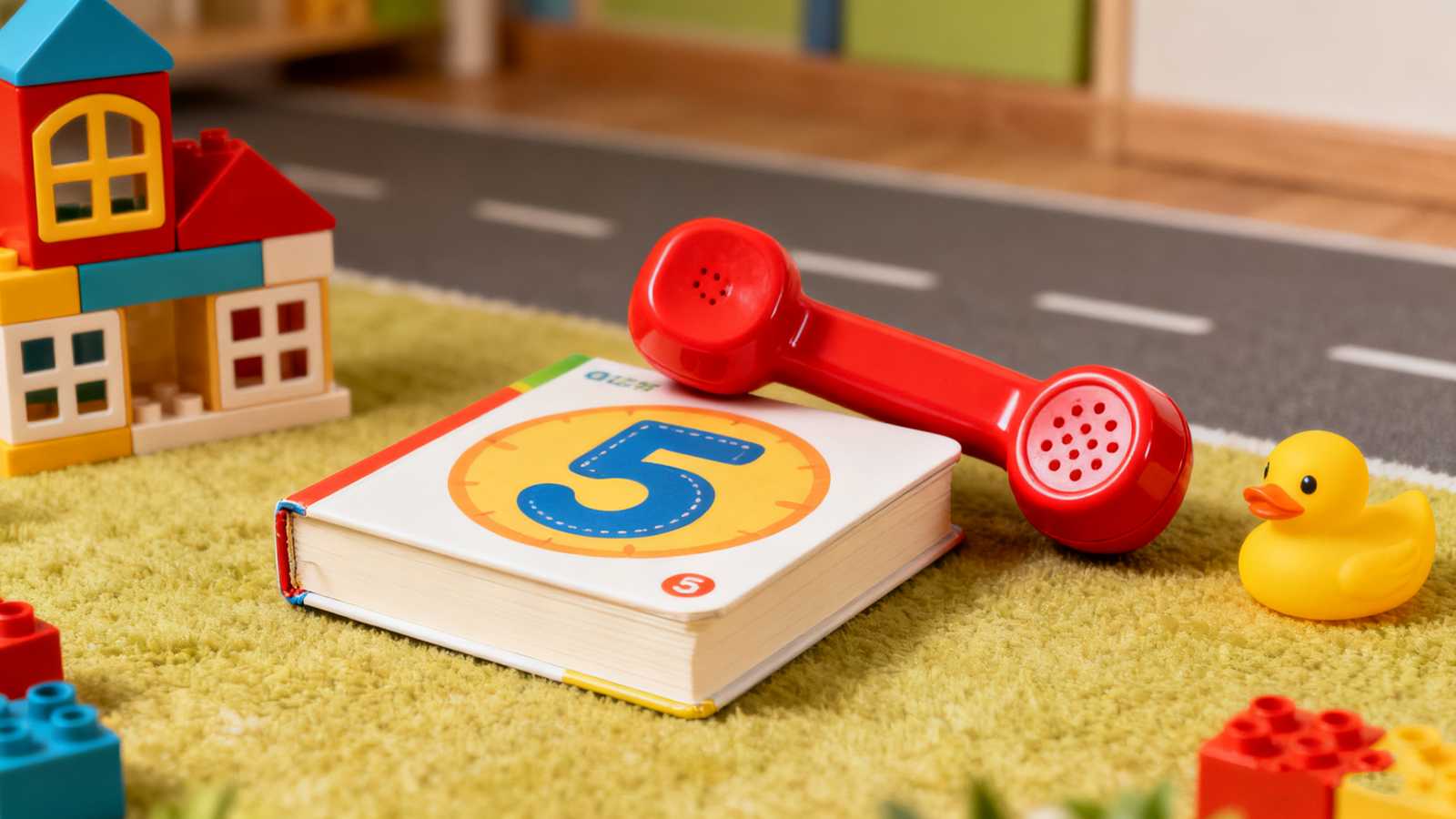 Square book mockup template in a toy-filled nursery setting.