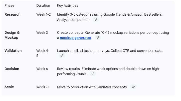 A step-by-step timeline table detailing the complete research-to-launch workflow (Mockuplabs Original)