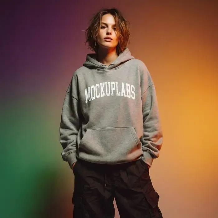 A model wearing a grey hoodie