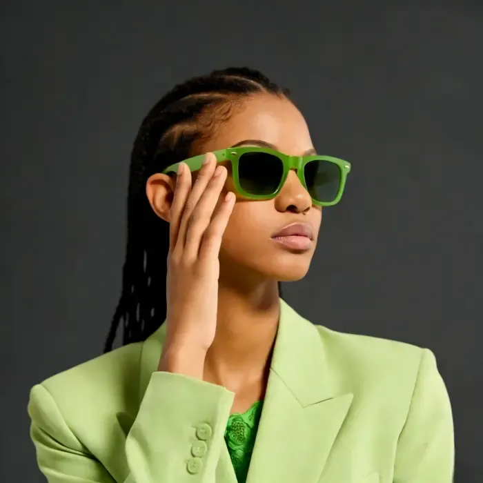 A model wearing green sunglasses