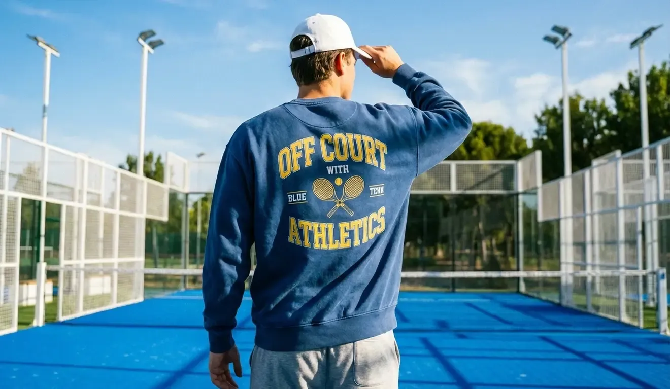 A printed sweatshirt on a tennis court
